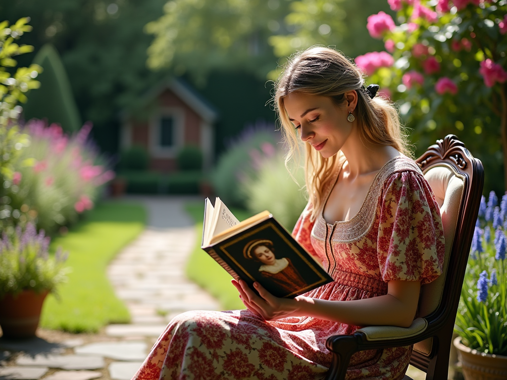 Женщина в красном платье читает книгу в саду у дома.